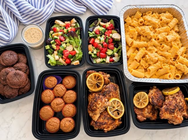 A full Sophoodie delivery: lemon pepper chicken, butternut squash rigatoni, fall Caesar, ginger molasses cookies and pumpkin spice muffins