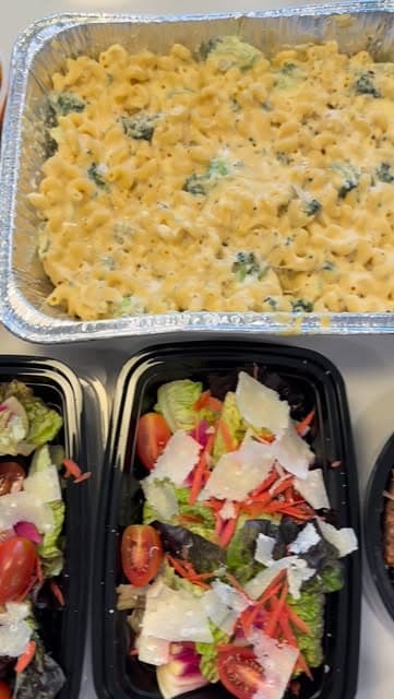 Little gem Caesar, slow-cooked brisket and mac and cheese