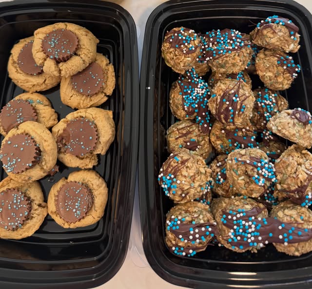 Chocolate peanut butter energy bites with blue sprinkles