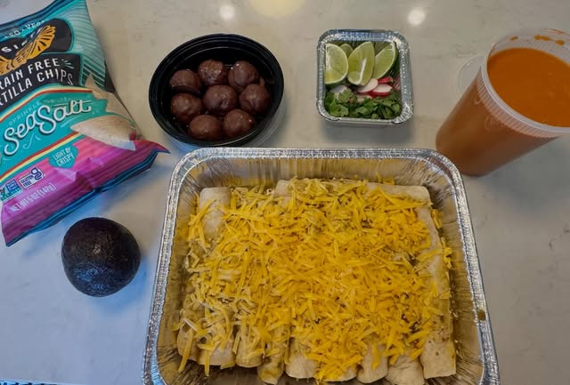 Rainbow chard and cannellini bean enchiladas with tortilla soup